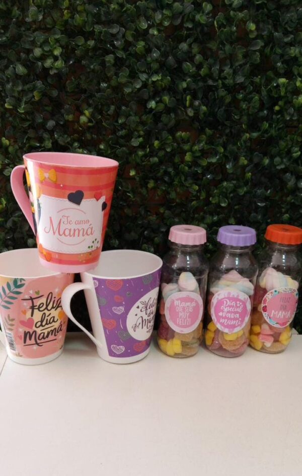 COMBO 3 TAZAS + 3 BOTELLA CON GOLOSINA cod7407