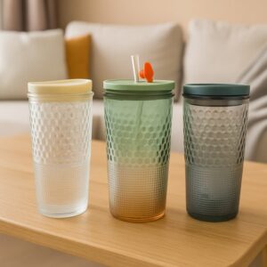 VASO DE VIDRIO CON TAPA Y SORBETE DE VIDRIO cod